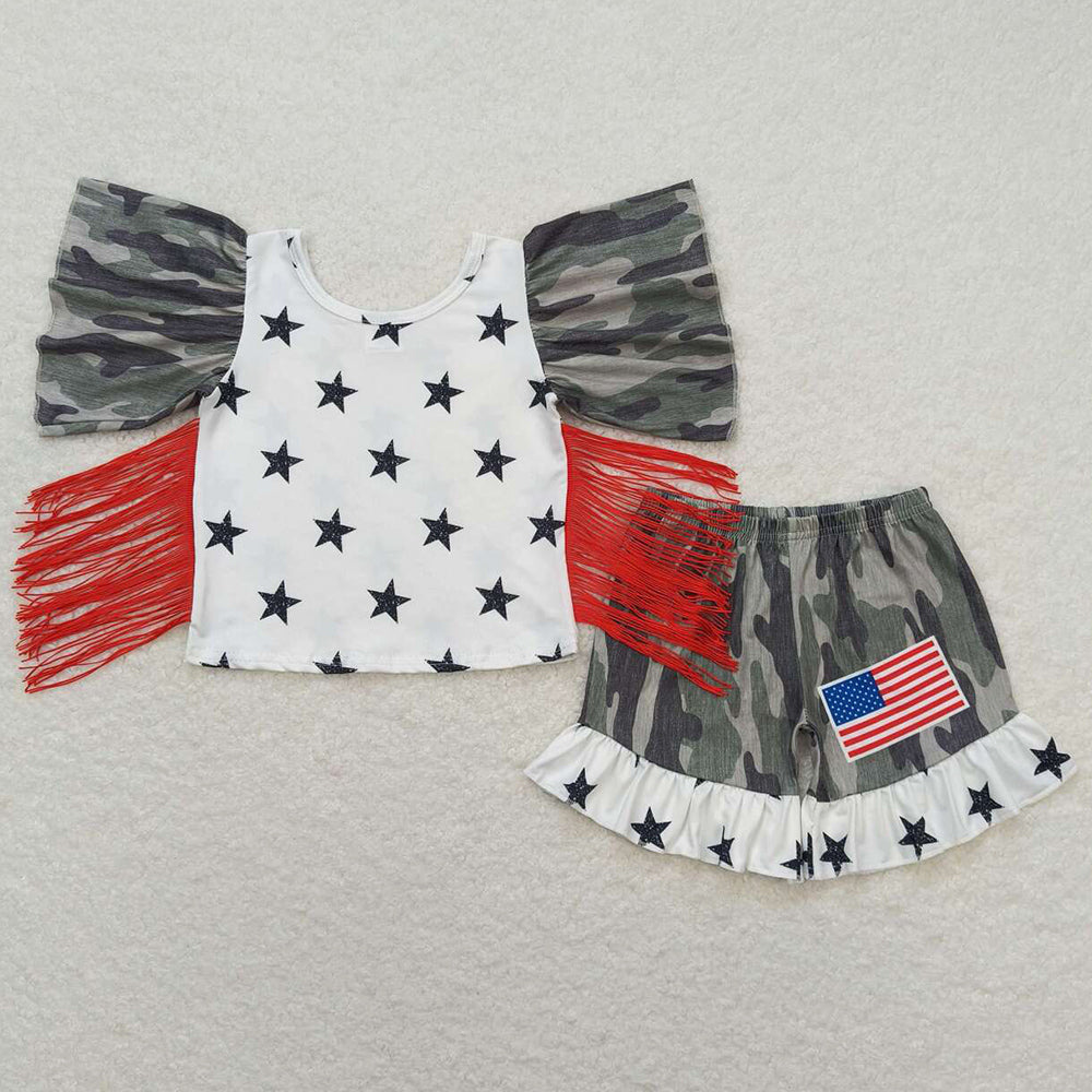 Baby Girls Clothes 4th Of July Camo Stars Tops Ruffle Shorts Summer Sets GSSO0918