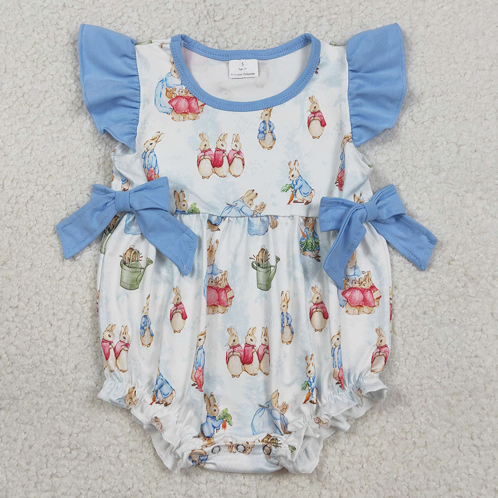 Baby Girls Rompers Flutter Sleeve Rabbits Bows Easter Ruffle Rompers SR3833