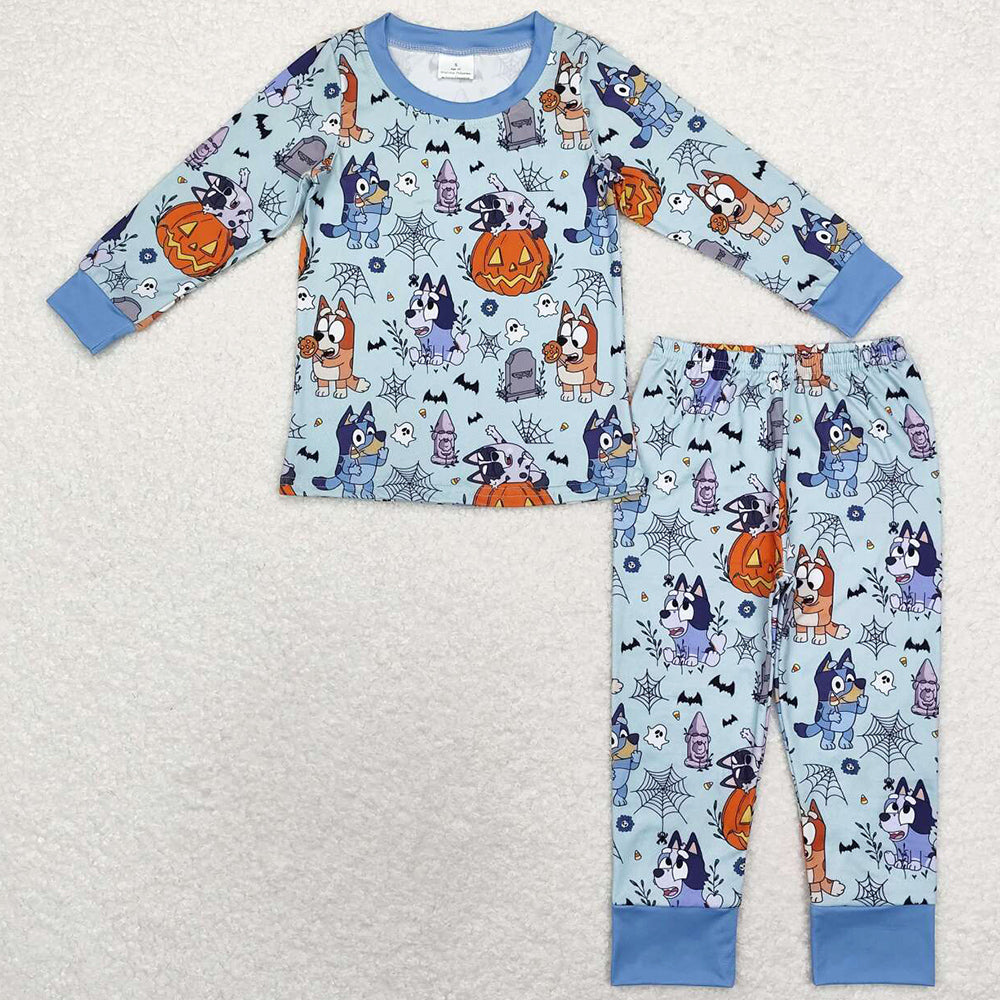 Baby Kids Pajamas Halloween Blue Dogs Spider Top Pants Pajamas Sets BLP0726