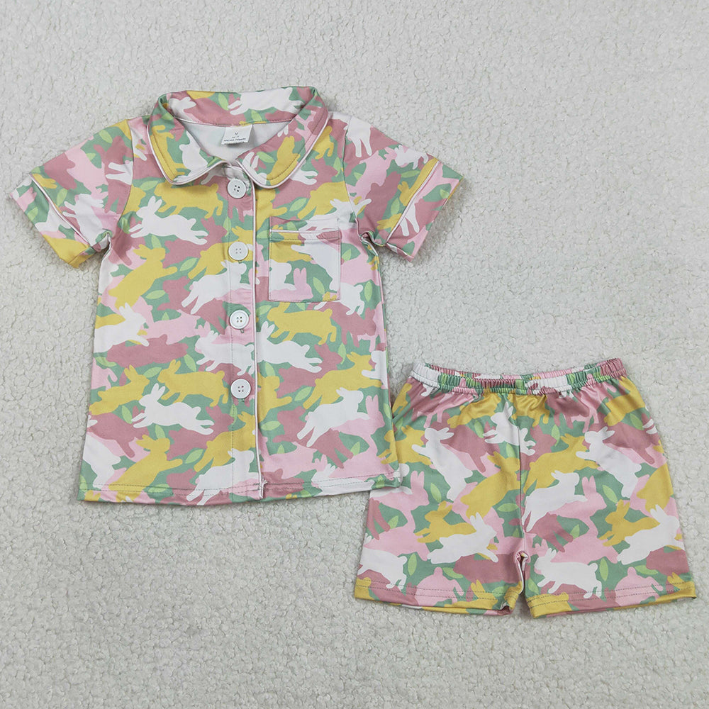 Baby Girls Pajamas Rabbits Camo Button Pocket Top Shorts Easter Pajamas Sets GSSO2972