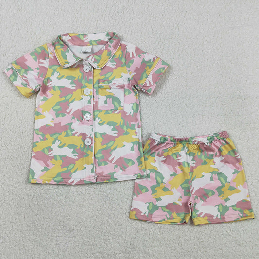 Baby Girls Pajamas Rabbits Camo Button Pocket Top Shorts Easter Pajamas Sets GSSO2972
