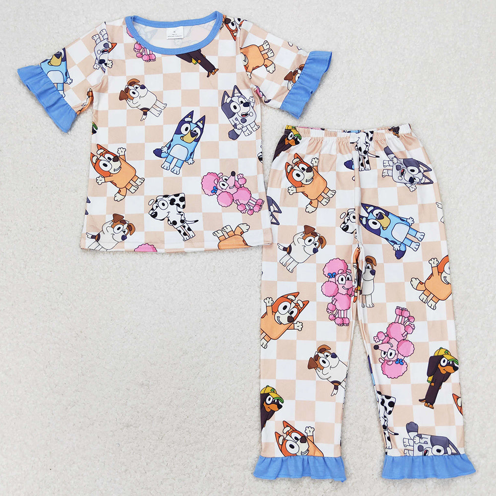 Baby Girls Pajamas Dog Checkered Ruffle Tops Pants Pajamas Sleepwear Sets GSPO1581