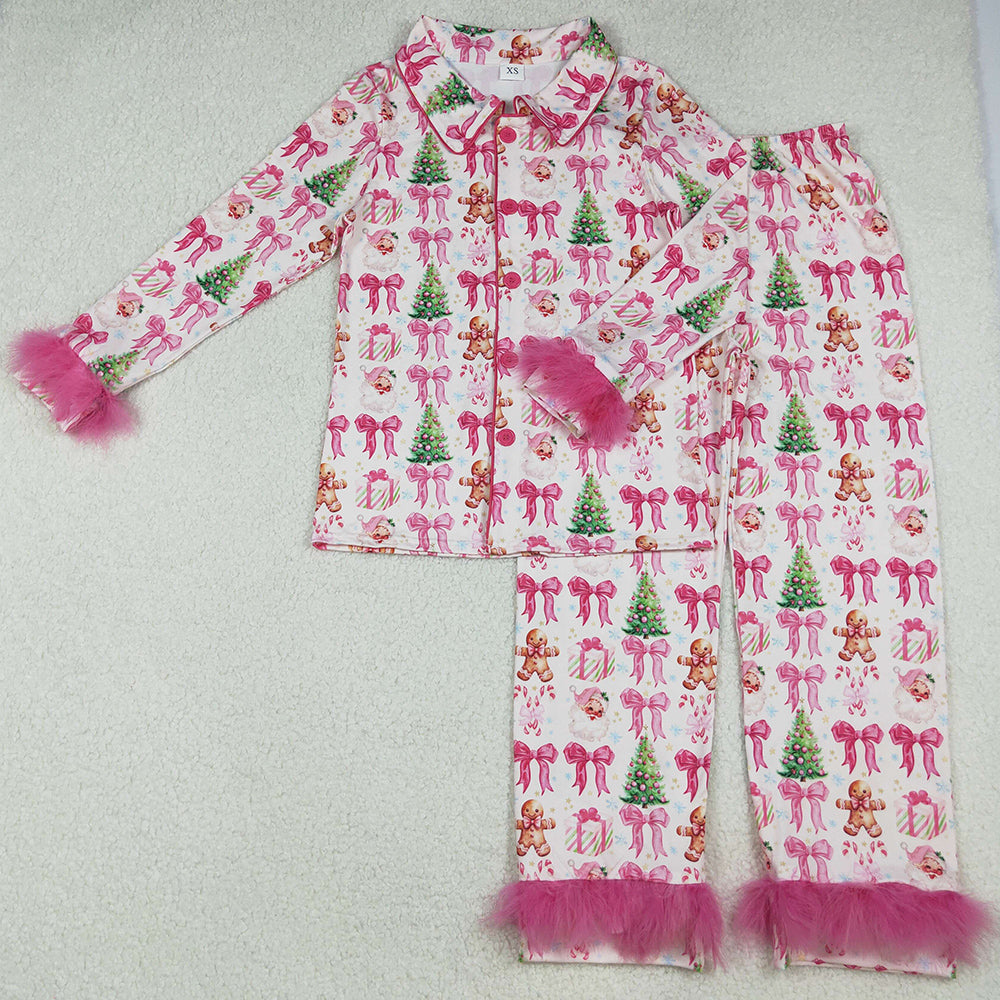Adult Women Pajamas Bows Gingerbread Trees Button Top Pants Christmas Fur Pajamas Sets GLP2717 9.13