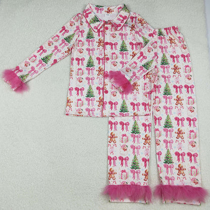 Sibling Adult Women Bows Santa Trees Button Top Pants Christmas Fur Pajamas Sets 11.5