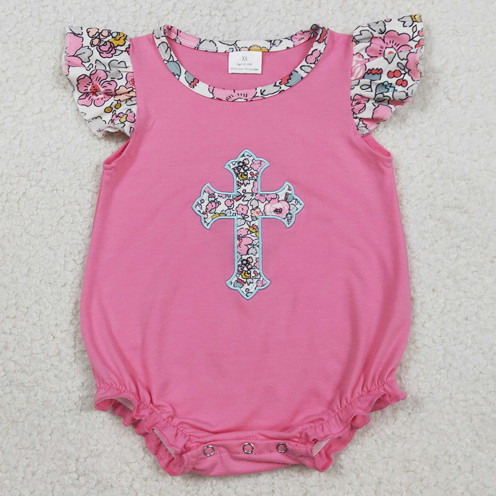 Baby Girls Rompers Embroidery Floral Crosses Flutter Sleeve Easter Ruffle Rompers SR3845