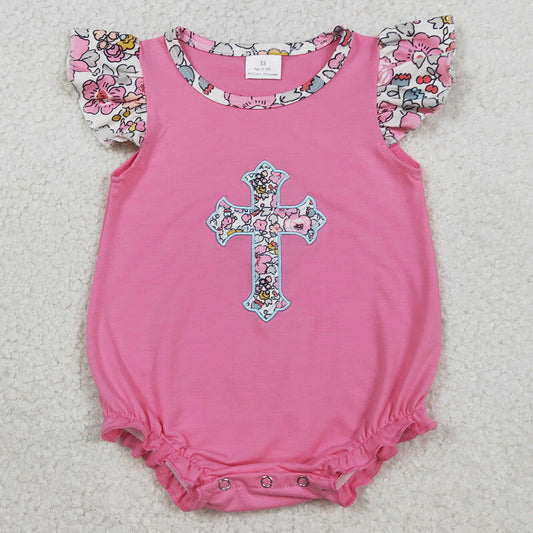 Baby Girls Rompers Embroidery Floral Crosses Flutter Sleeve Easter Ruffle Rompers SR3845