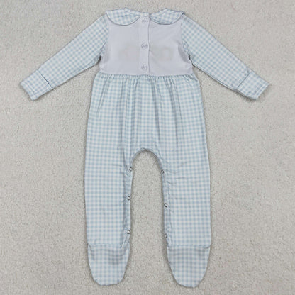 Baby Girls Rompers Embroidery Pumpkins Blue Plaid Fall Footed Rompers LR2560 9.13