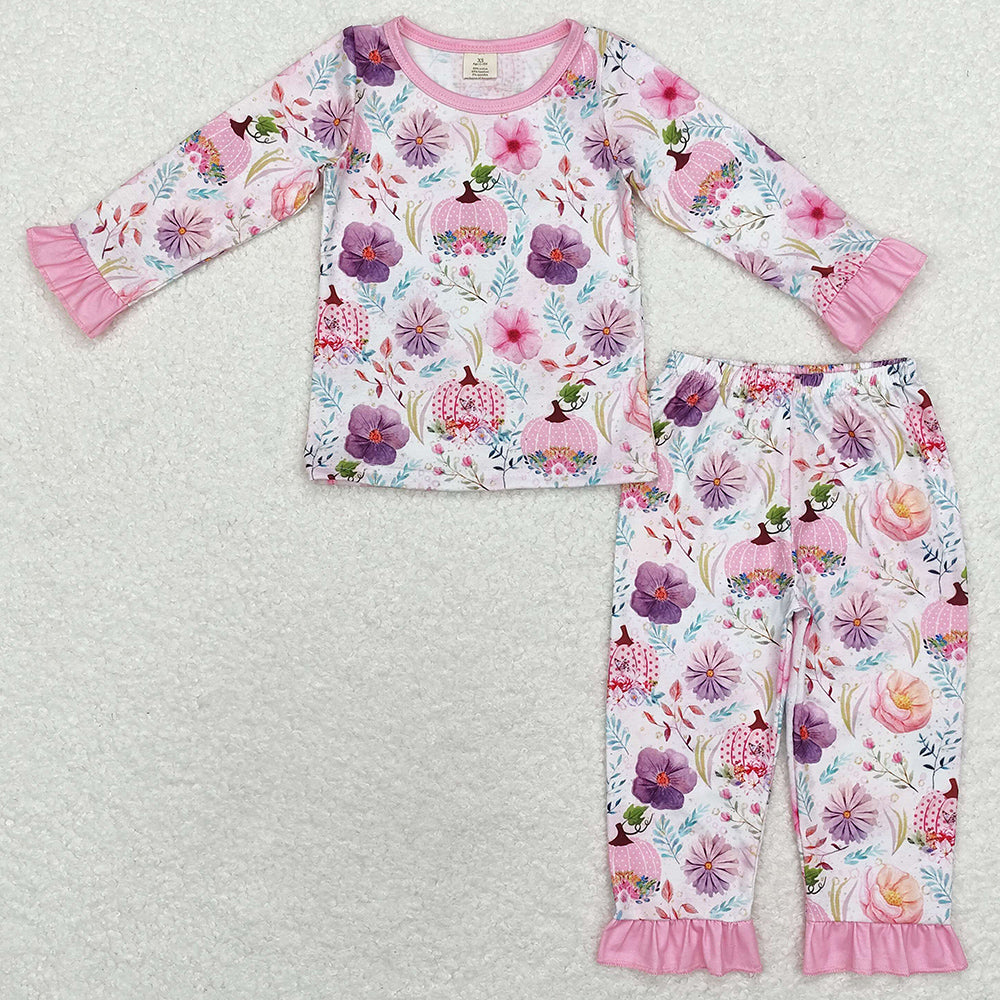 Baby Girls Pajamas Pink Pumpkin Flowers Bamboo Pajamas Sleepwear Sets GLP1482