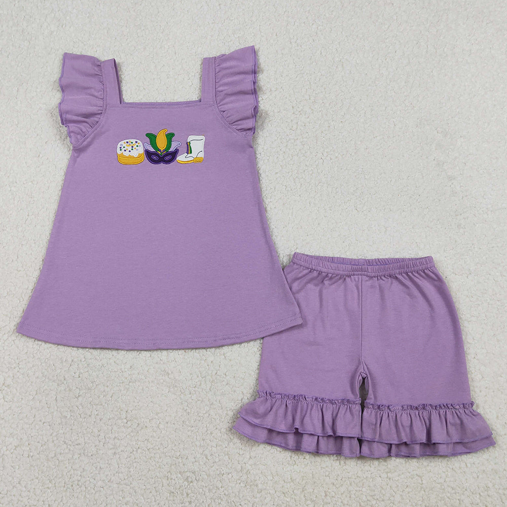 Baby Girls Clothes Embroidery Anchor Masks Donuts Tunic Ruffle Shorts Mardigras Clothes Sets GSSO2828