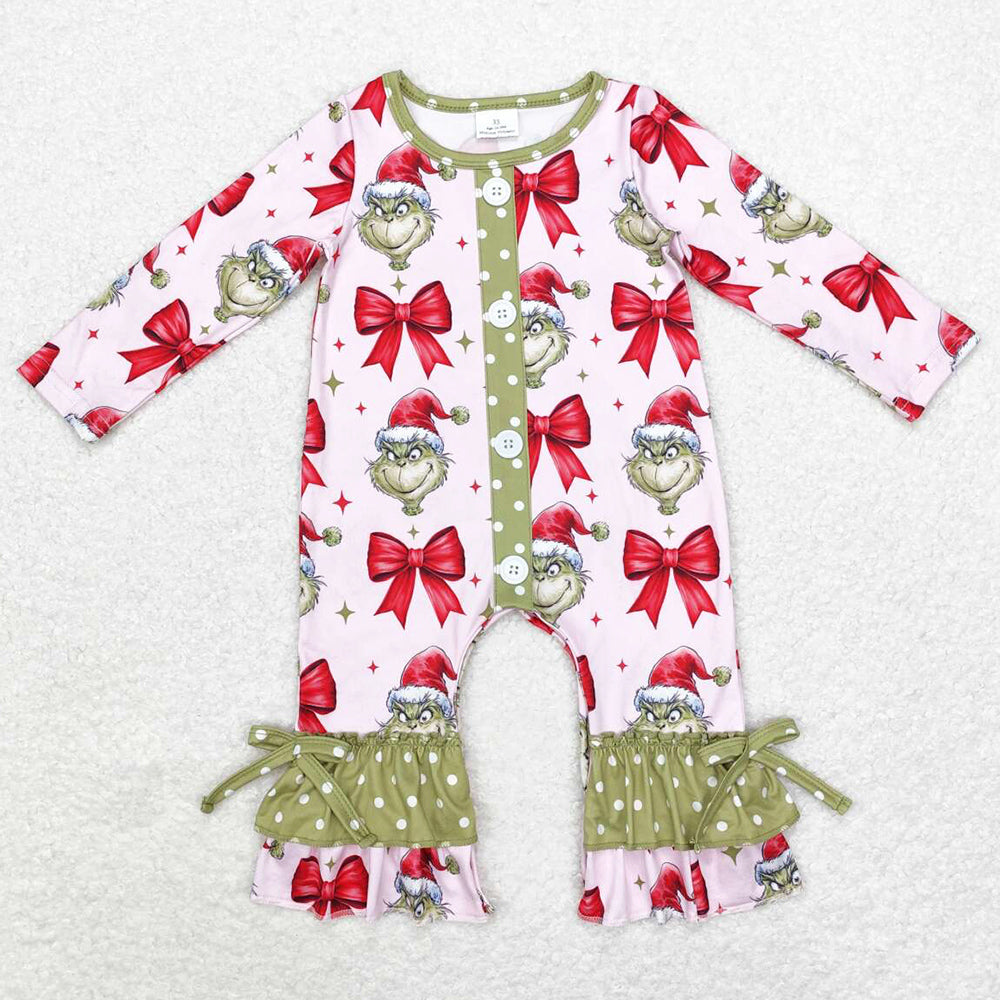 Baby Infant Girls Rompers Christmas Green Bows Buttons Rompers LR1557