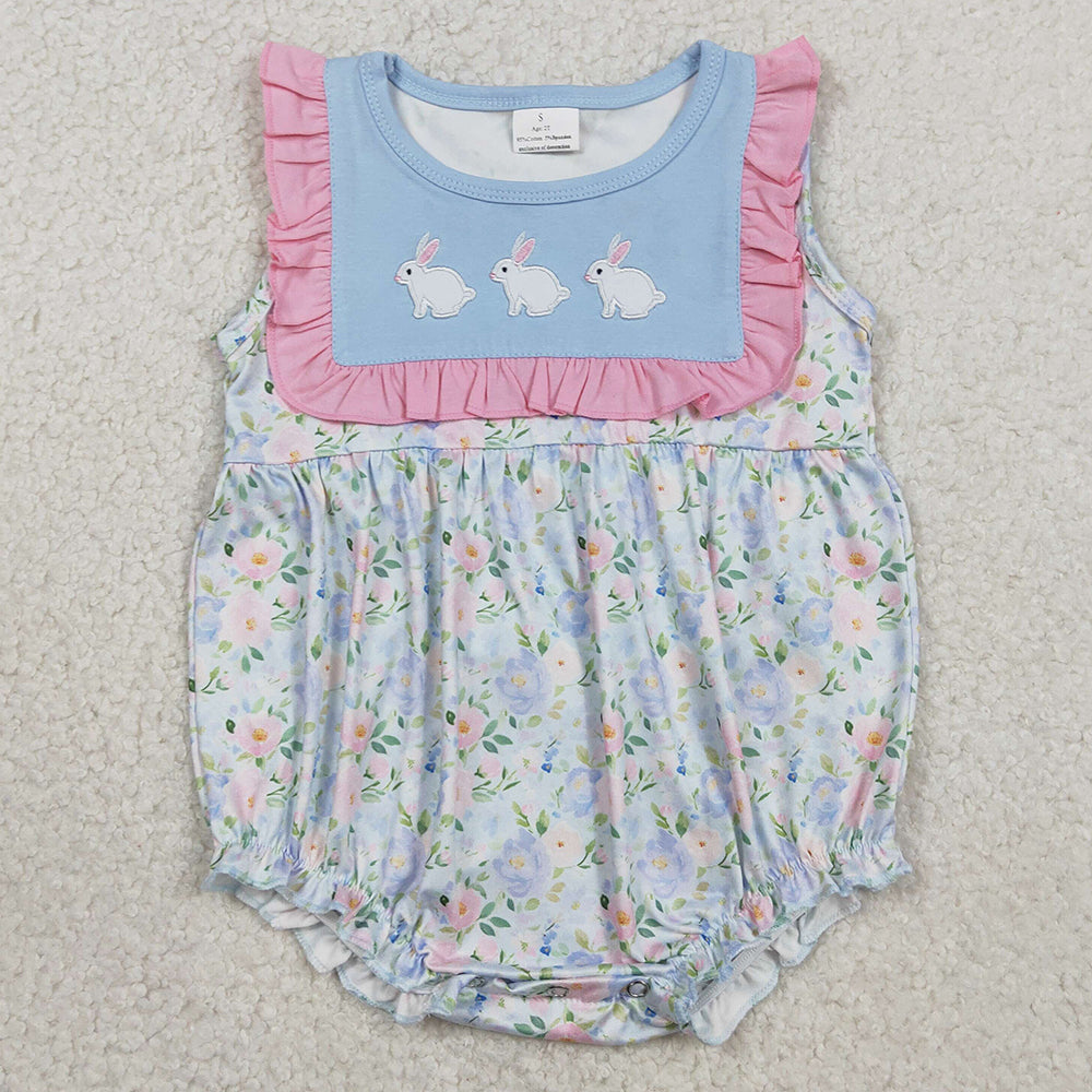 Baby Girls Rompers Embroidery Rabbits Flowers Easter Ruffle Rompers SR3271