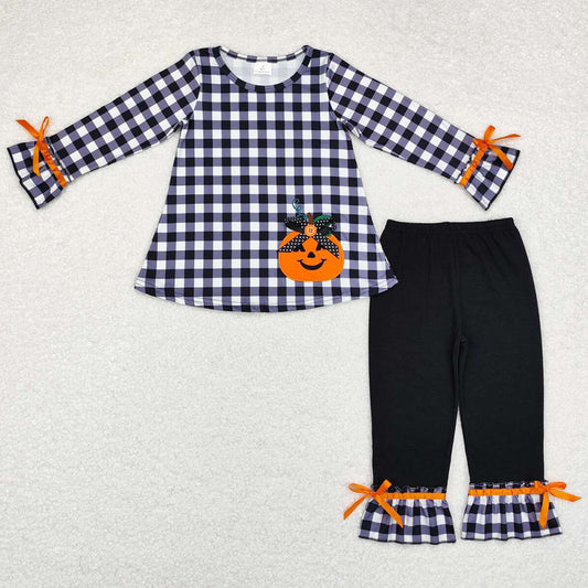 Baby Girls Clothes Halloween Black Pumpkin Embroidery Tunic Tops Pants Clothes Sets GLP1674