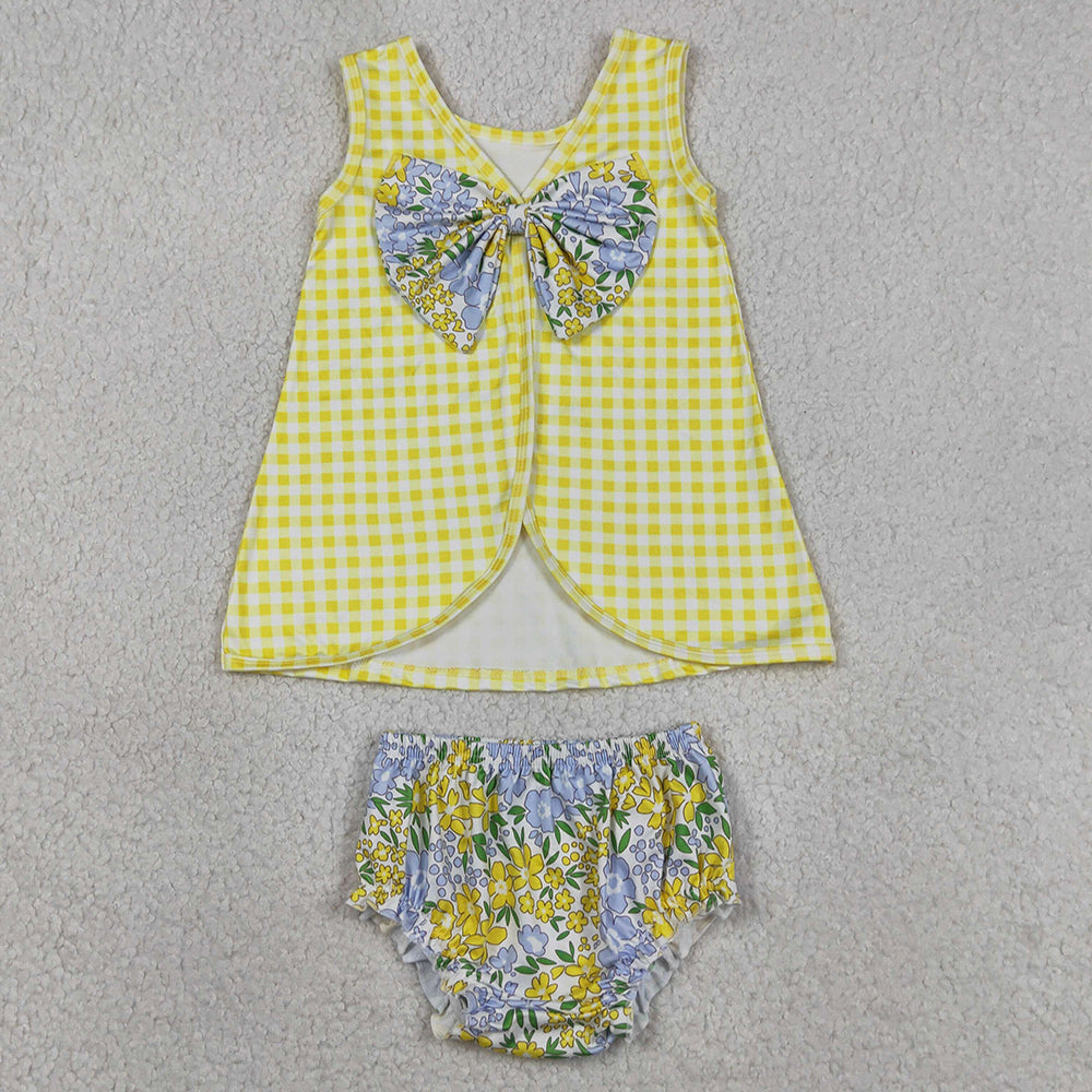 Baby Girls Clothes Yellow Checked Flowers Back Bow Tunic Flowers Bummies Clothes Sets GBO0504