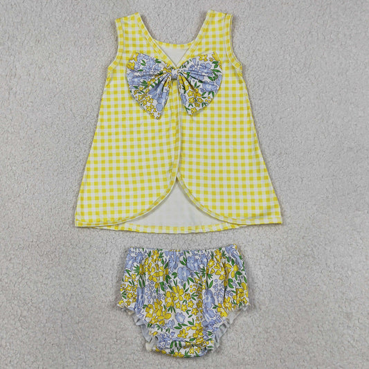 Baby Girls Clothes Yellow Checked Flowers Back Bow Tunic Flowers Bummies Clothes Sets GBO0504