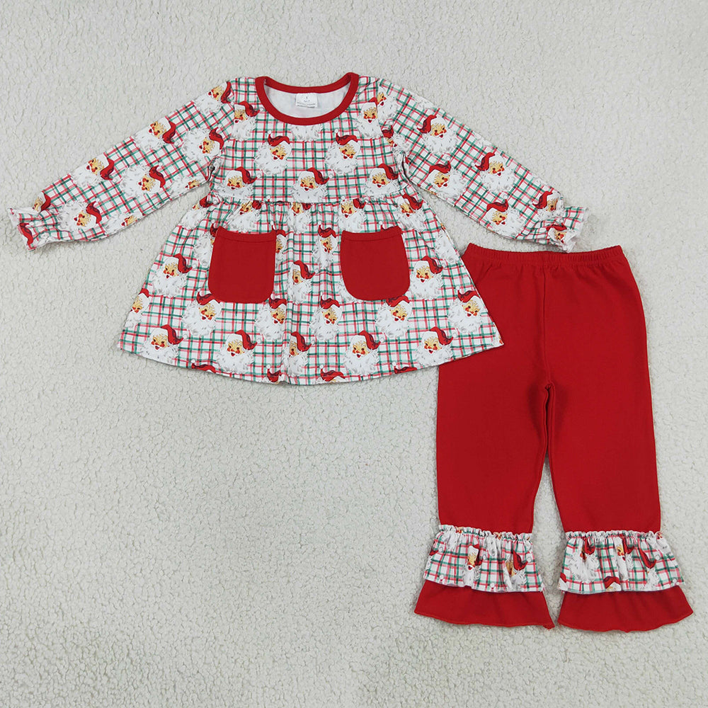 Baby Girls Clothes Red Green Checked Santa Pockets Tunic Ruffle Pant Christmas Clothes Set GLP3457