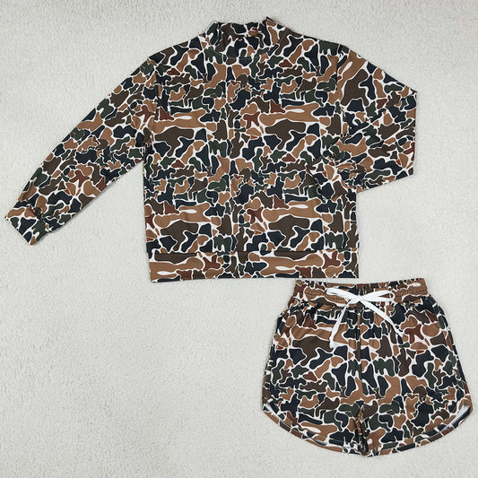 Adult Women Clothes Dark Brown Camo Long Sleeve Top Pockets Shorts Yoga Active Clothes Set GLS0185