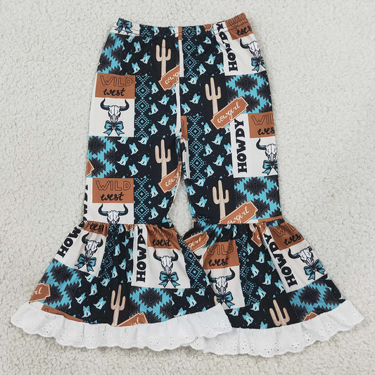 Baby Girls Pants Bow Bull Skulls Turquoises Western Ruffle Bell Bottom Pants P0781