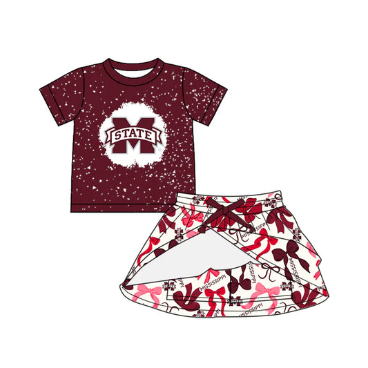 Preorder (moq 5)Baby Girls Dark Red Short Sleeves M State Top Bows Plaid Skorts Team Set 6.14