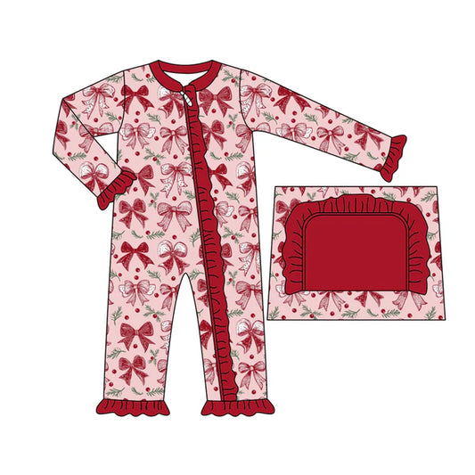 Preorder (moq 5)Baby Girls Long Ruffle Sleeves Dark Red Flowers Bows Zipper Rompers 5.17
