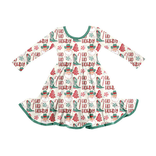 Preorder (moq 5)Baby Girls Santa Howdy Trees Christmas Ruffle Knee Length Dresses 9.4