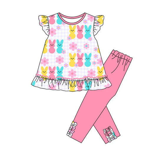 Preorder(moq 8)Baby Girls Colorful Rabbits Flowers Tunic Leggings Easter Clothes Sets 9.27