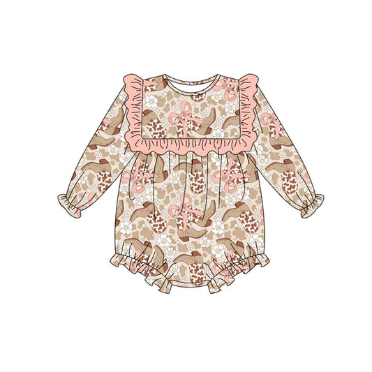 Preorder (moq 5)Baby Girls Long Sleeves Bows Leopard Boots Flowers Ruffle Romper 7.4