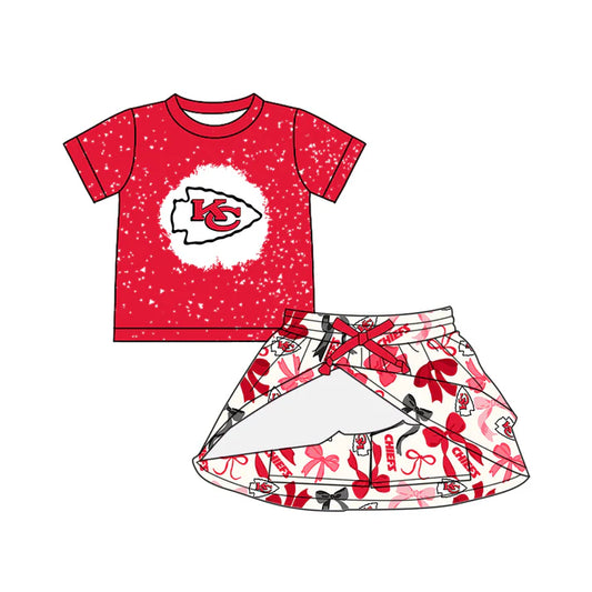 Preorder (moq 5)Baby Girls Pink Short Sleeves KC Chiefs Top Bows Plaid Skort Team Set 6.14