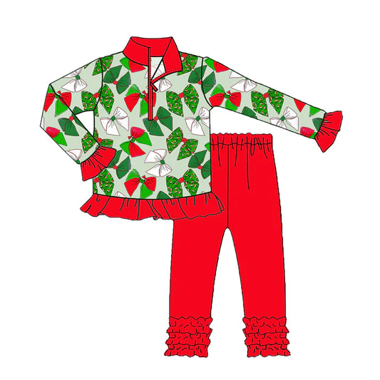 Preorder (moq 5)Baby Girls Long Ruffle Sleeves Green Bows Plaid Zipper Top Legging Pants Set 7.28