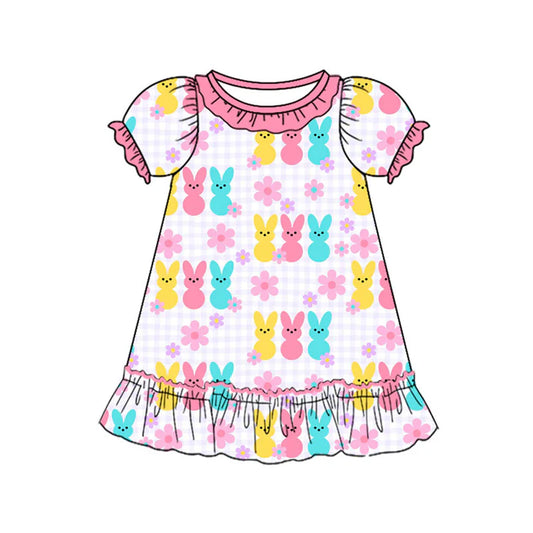 Preorder(moq 8)Baby Girls Colorful Rabbits Flowers Easter Ruffle Knee Length Dresses 9.27