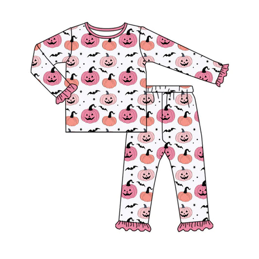 Preorder (moq 5)Baby Girls Long Ruffle Sleeves Bats Ghost Pumpkins Top Pant Pajamas Set 6.21