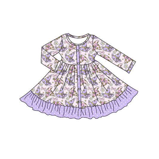 Preorder moq 5 Baby Girls Long Sleeves Lavender Magic Hats Button Ruffle Knee Length Dresses 5.7