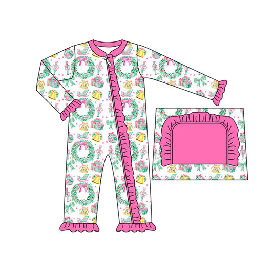Preorder moq 5 Baby Infant Girls Long Sleeves Bows Holly Gifts Plaid Ruffle Zipper Romper 7.14