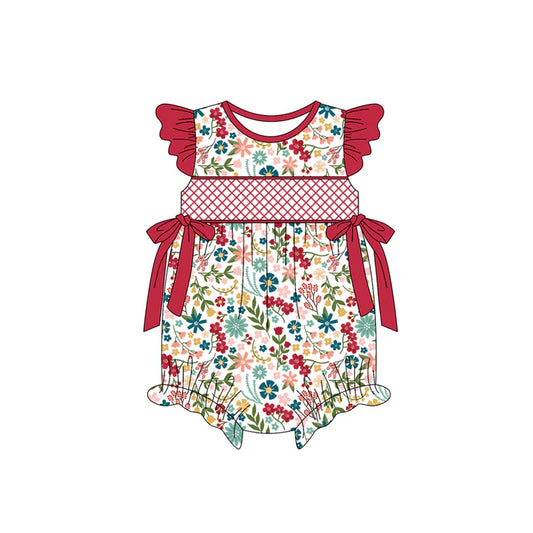 Preorder(moq 5)Baby Infant Girls Red Flutter Sleeves Bows Floral Ruffle Rompers 5.15