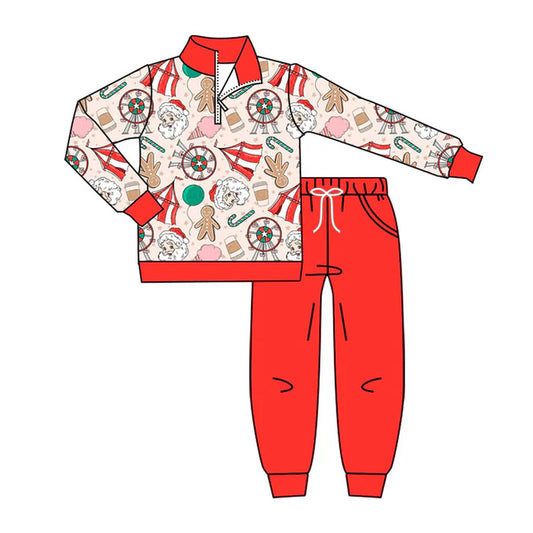 Preorder (moq 8)Baby Boys Santa Gingerbread Candy Zipper Pullover Pockets Jogger Christmas Clothes Sets 9.22
