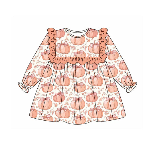 Preorder (moq 5)Baby Girls Long Ruffle Sleeves Peach Flowers Pumpkins Knee Length Dresses 6.12