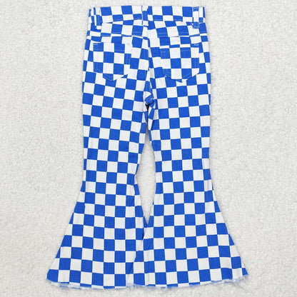 Baby Girls Jeans Blue Checkered Fall Bell Flare Denim Pants P0610