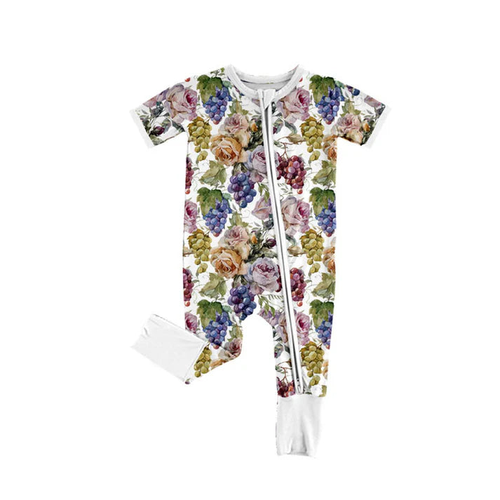 Preorder (moq 5)Baby Girls Short Sleeve Flowers Grapes Two Way Zipper Convertible Rompers 11.12