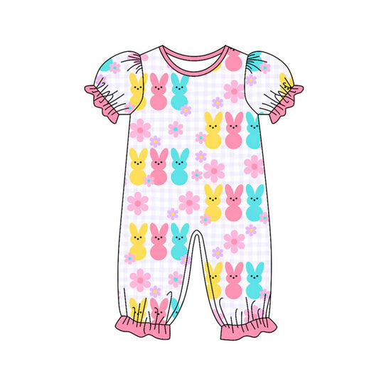 Preorder (moq 8)Baby Girls Colorful Rabbits Flowers Easter Ruffle Footie Rompers 9.27