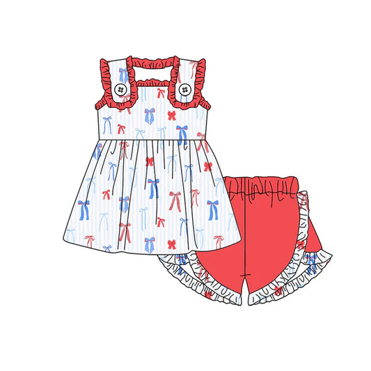 Preorder moq 5 Baby Girls Sleeveless Blue Red Bows Tunic Ruffle Short 4th Of July Set 4.23