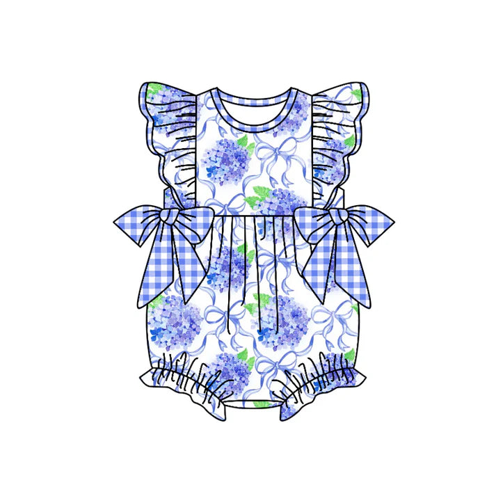 Preorder moq 5 Baby Girls Flutter Sleeves Purple Plaid Bows Floral Ruffle Rompers 4.17