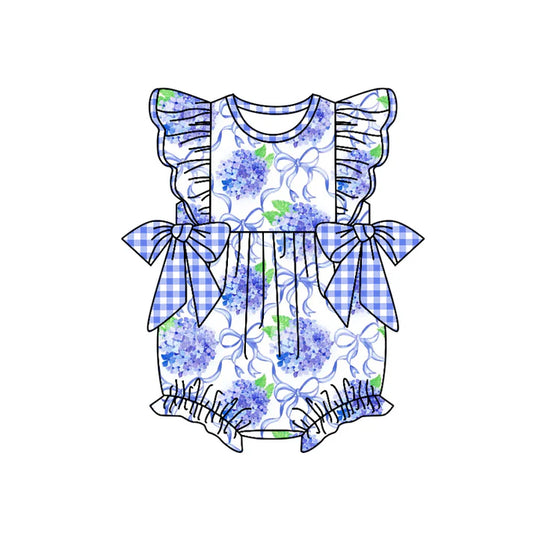 Preorder moq 5 Baby Girls Flutter Sleeves Purple Plaid Bows Floral Ruffle Rompers 4.17