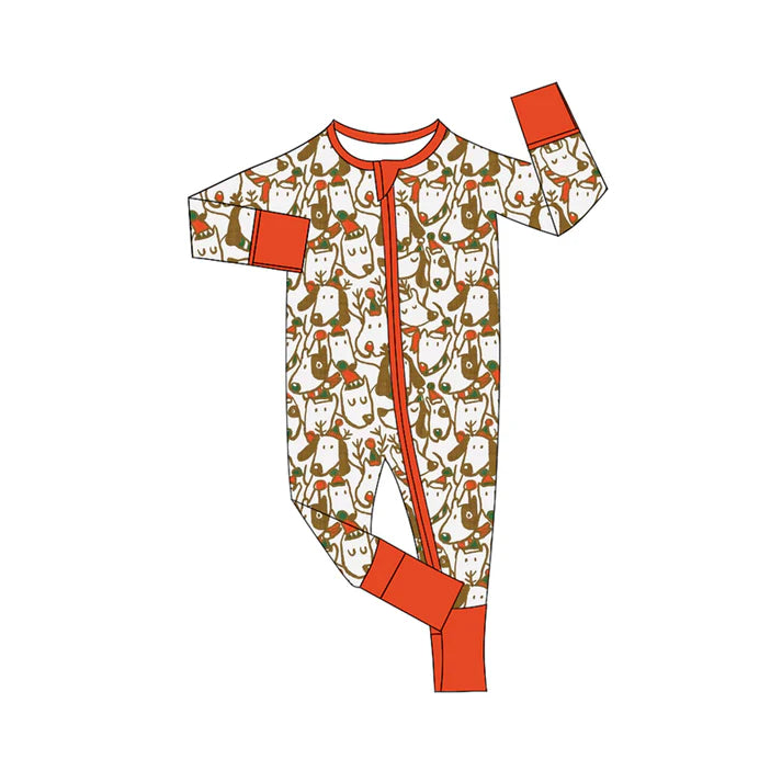 Preorder (moq 5)Baby Boys Orange Long Sleeves Hats Dogs Plaid Zipper Rompers 6.5