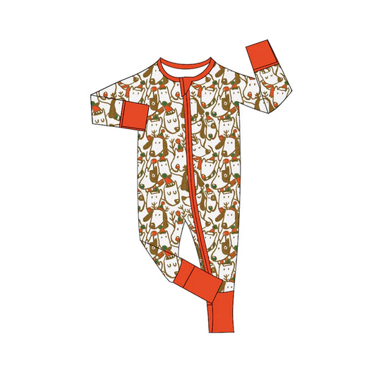 Preorder (moq 5)Baby Boys Orange Long Sleeves Hats Dogs Plaid Zipper Rompers 6.5