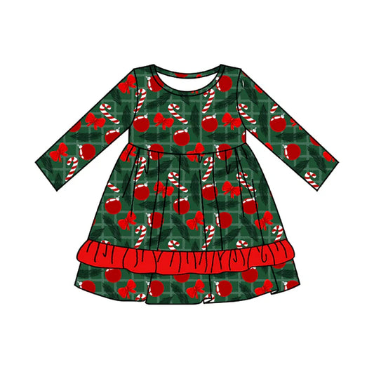 Preorder moq 5 Baby Girls Green Plaid Long Sleeves Candy Cane Bows Ruffle Knee Length Dresses 5.7