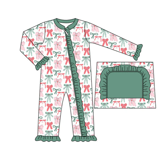 Preorder moq 5 Baby Infant Girls Long Sleeves Green Red Bows Plaid Ruffle Zipper Romper 7.14