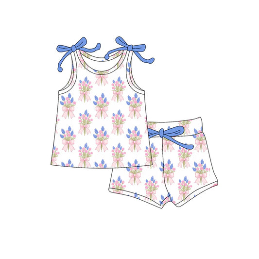 Preorder moq 5 Baby Girls Bows Sleeveless Pink Blue Flowers Plaid Top Short Set 4.16