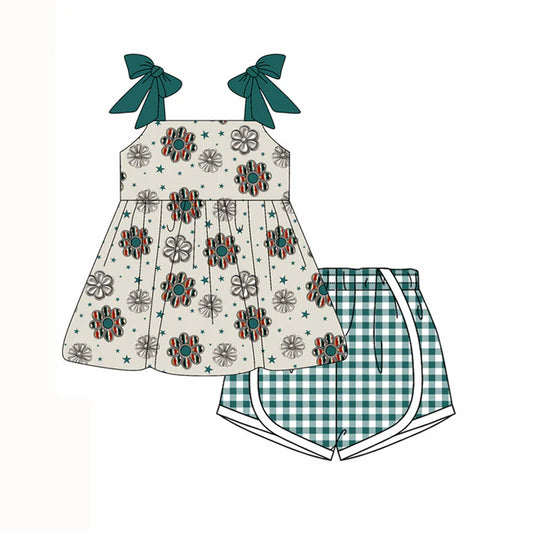 Preorder moq 5 Baby Girls Dark Green Strap Stars Turquoise Tunic Plaid Shorts Set 4.14