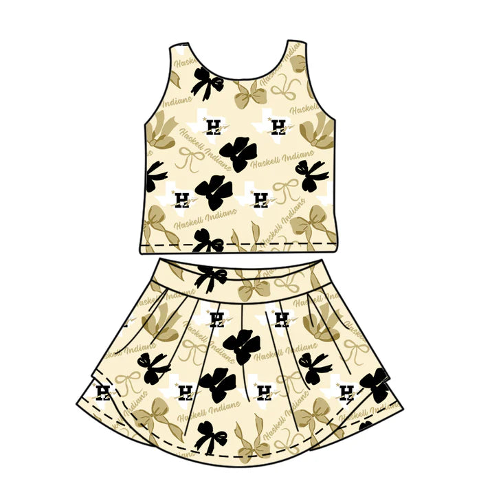 Preorder (moq 5)Baby Girls Sleeveless Haskell Indians Bows Plaid Top Skorts Team Set 6.30