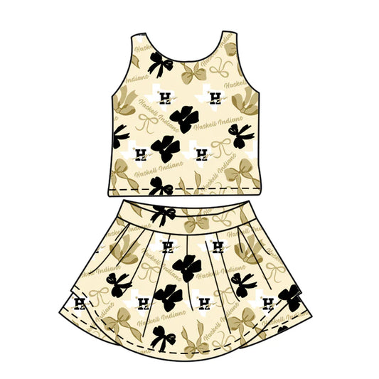 Preorder (moq 5)Baby Girls Sleeveless Haskell Indians Bows Plaid Top Skorts Team Set 6.30