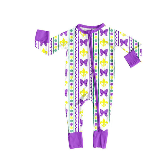 Preorder (moq 8)Baby Girls Purple Yellow Green Bows Mardigras Zipper Footie Rompers 9.11